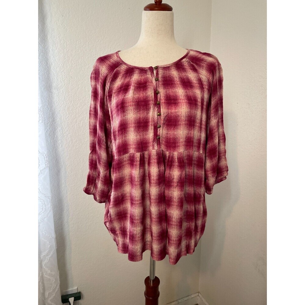 Maeve Anthropology Womens Burgundy Plaid Peasant Babydoll Blouse Size Large